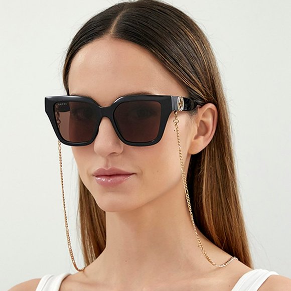 NEW Gucci GG1023S 005 Black Brown Square Chain Women Sunglasses - Picture 1 of 9
